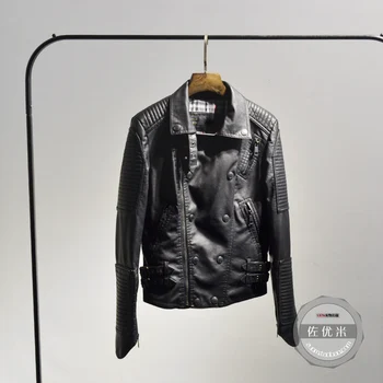 

2017 Promotion Real New Arrival Button Zippers Full Solid Women Jacket Spring Women's Leather Double-breasted Pu Motorcycle