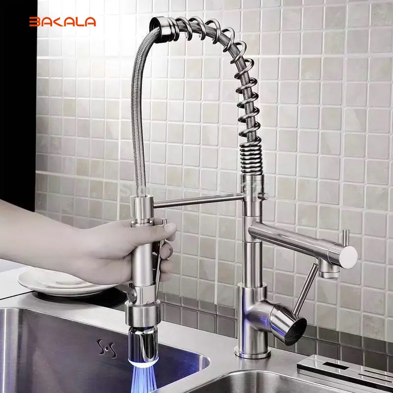 BAKALA LED Light Pull Down Kitchen Sink Faucet Single Handle Dual Spout Spring Kitchen Mixer Taps Brushed Nickel BR-1115