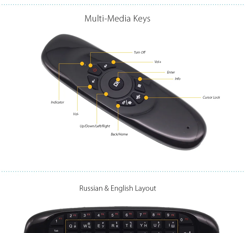 [100 шт./лот] C120 Русская клавиатура 2,4G мини беспроводная клавиатура гироскоп воздушная мышь для Android tv Box, мини ПК, проекторы