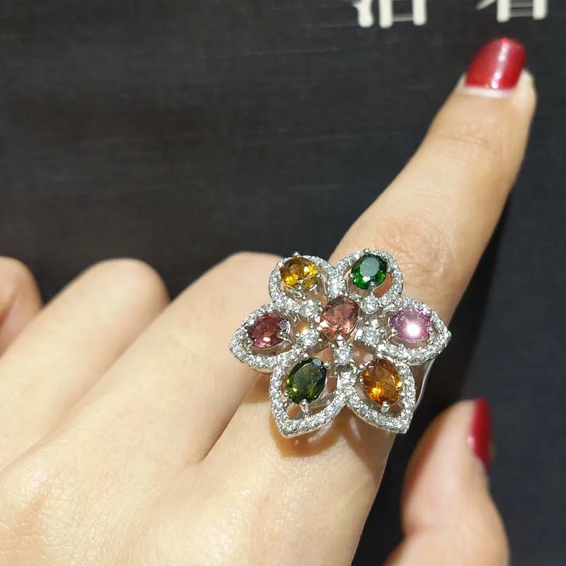 

FLZB, Big flower ring 925 sterling silver with natural colorful tourmaline with 18k white gold plated fashion trendy big ring