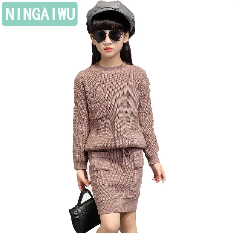 

Girls' knitted sweater sets for kids 2-14 years old children's clothing new autumn girl sweater + short skirt baby fashion suit
