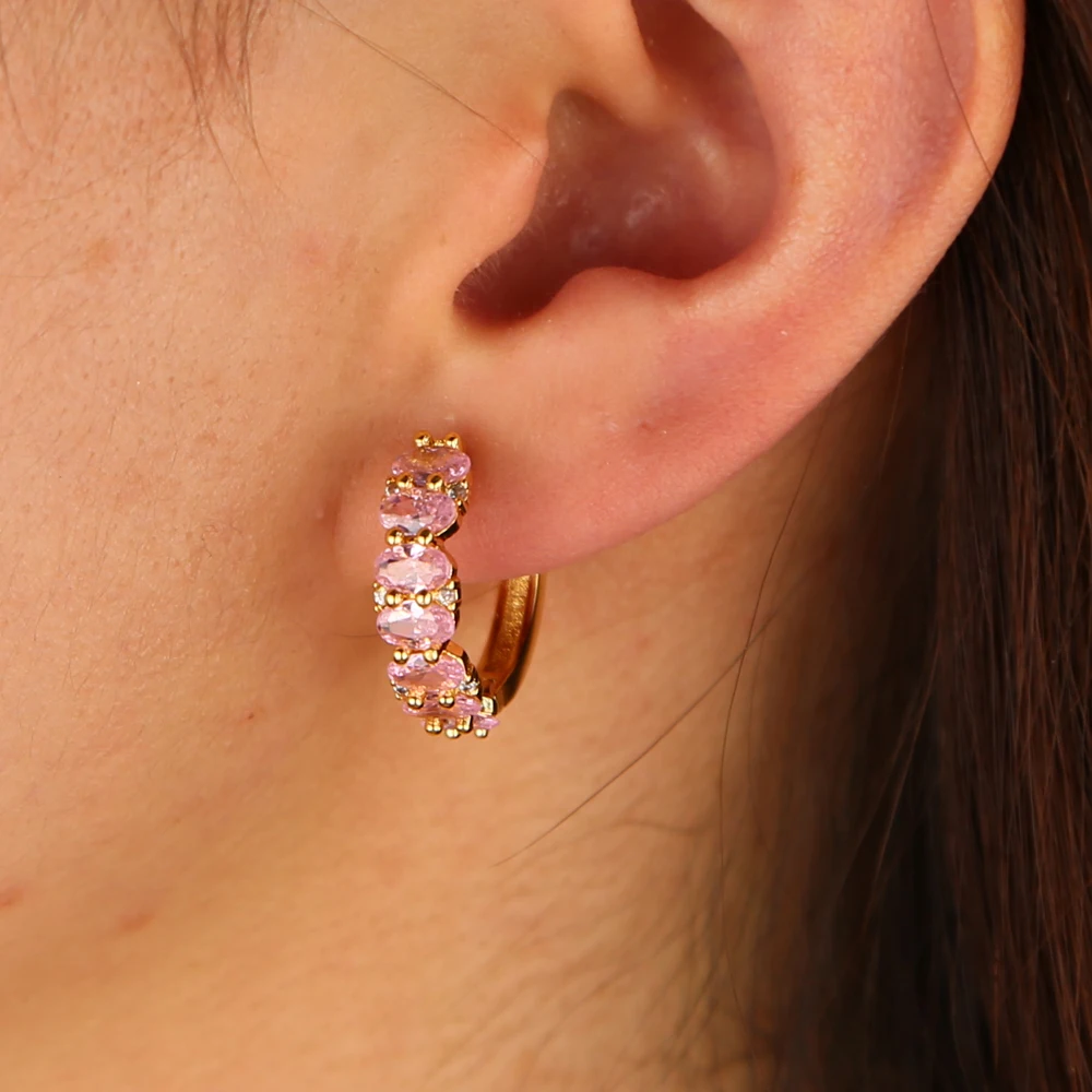

gold color middle sized hoop oval pink cubic zirconia cz huggie hoop earring