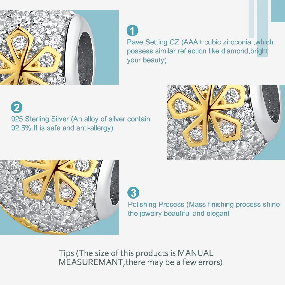 925 пробы, серебро, желтое золото, снежинка, кристалл, Круглый Шарм, бисер, подходит для оригинального браслета, браслет для производства аутентичной бижутерии
