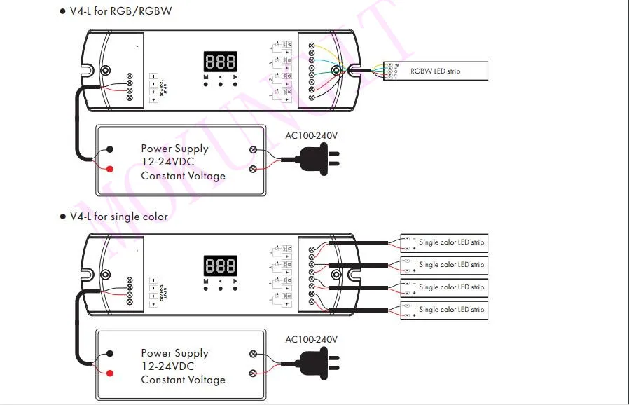 4CH* 5A 12-24VDC CV контроллер V4-L затемнения/цветовой температуры/RGB/RGBW 4 в 1 V4-L контроллер 2,4 ГГц RF беспроводной ресивер V4-L