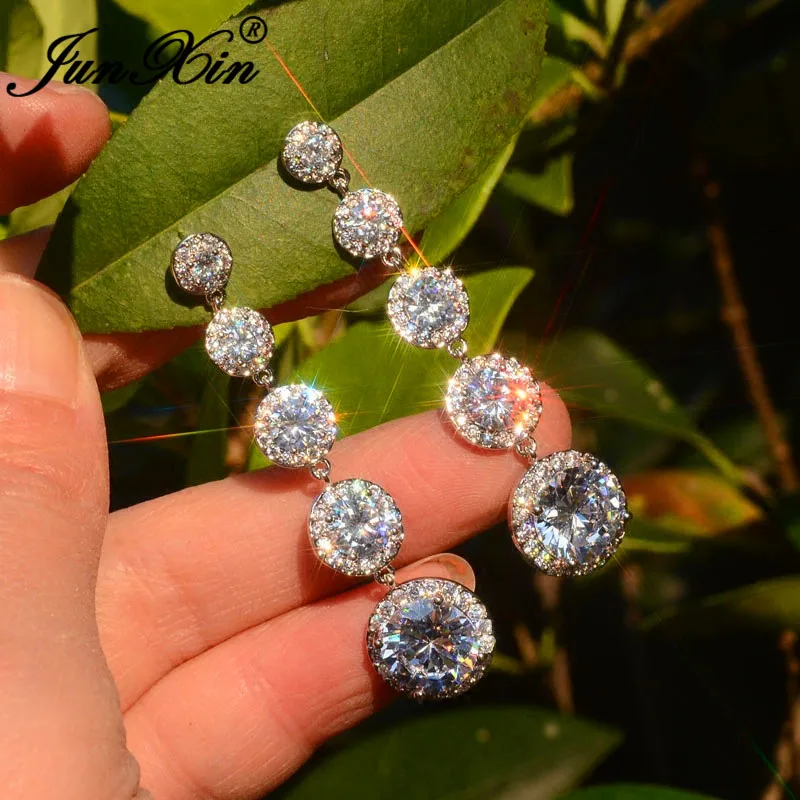 

JUNXIN Luxury Female Crystal Long Dangle Drop Earrings 925 Silver Round White Zircon Boho Wedding Earrings For Women Jewelry CZ
