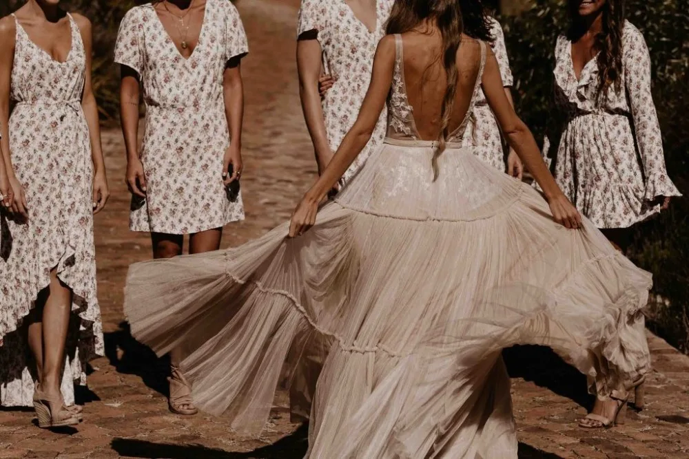 Пляжный Boho свадебный наряд сексуальный глубокий v-образный вырез открытая спина страна A Line Dreamy свадебное платье Элегантное Vestido De Noiva