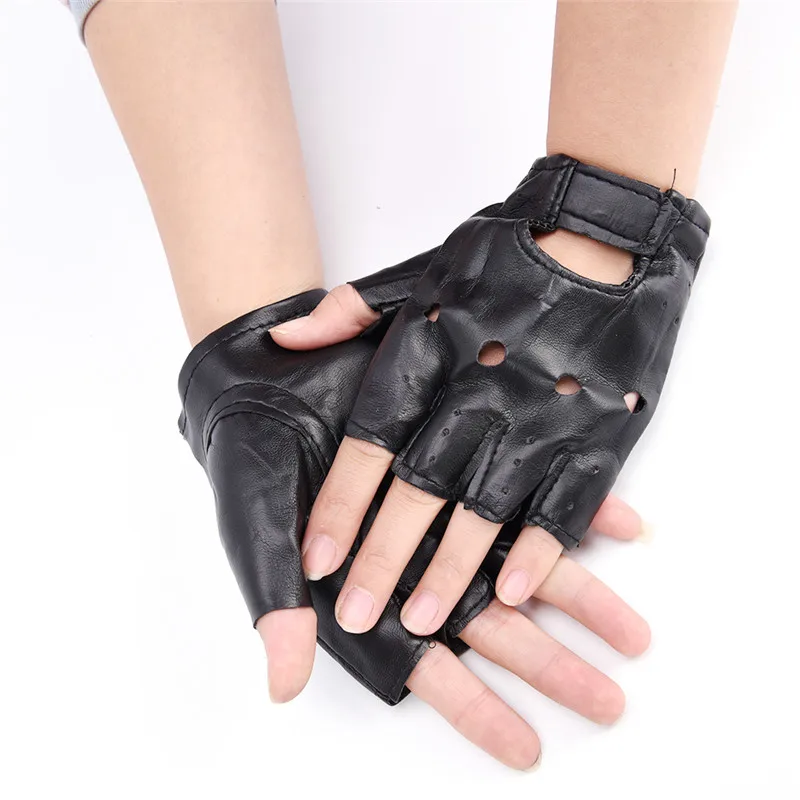 Female Black Half Finger Driving Gloves PU Leather Fingerless Gloves ...