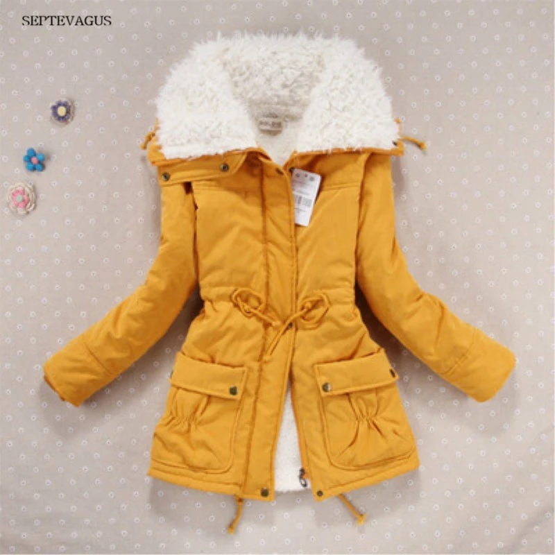 

2017 Women Autumn Winter Coat Slim Plus Size Outwear Medium-Long Wadded Jacket Cotton Fleece Warm Yellow Parkas;kaban bayan
