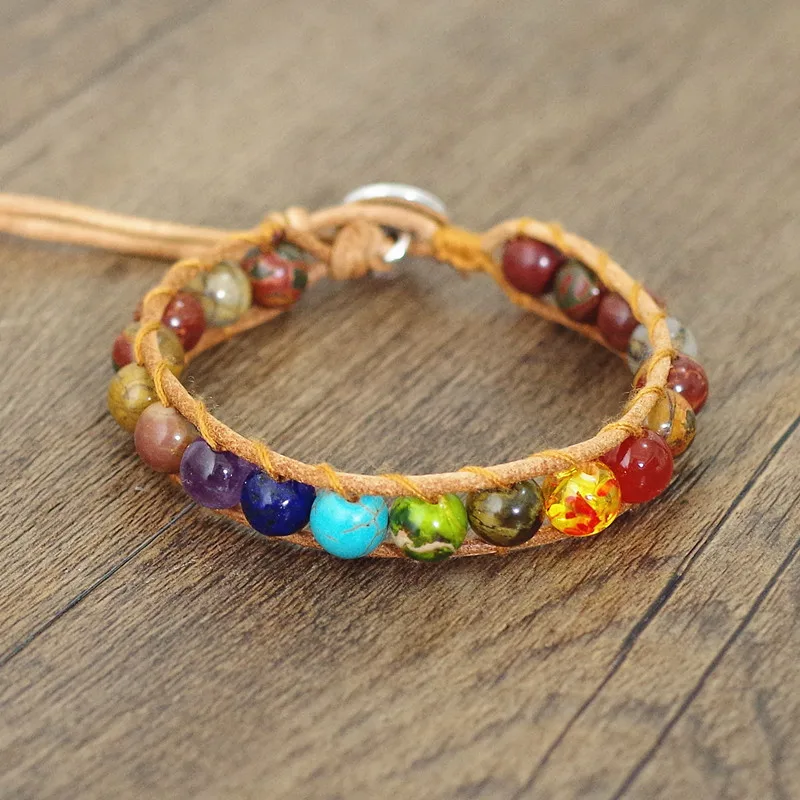 

Natural Stone Beads 7 Chakra Leather Wrap Bracelet & Bangle for Women Men Boho Yoga Chakra Charm Bracelet Fashion Jewelry Gift