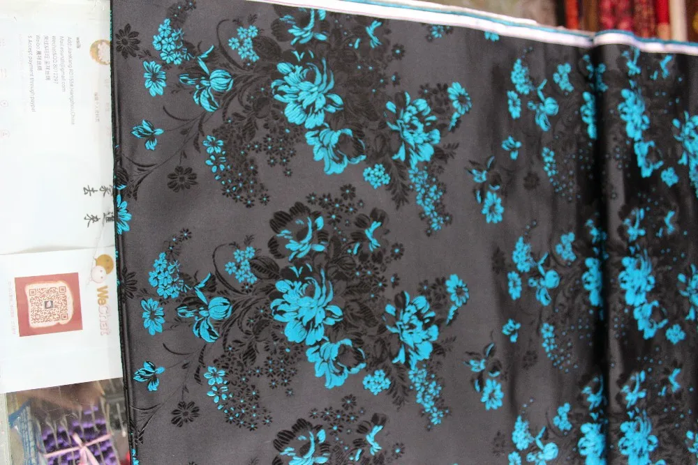 Китайский шелковой парчи тканые Дамаск ткань для пошива Чонсам подушки черный сзади с большой deep sea синий цветы пиона