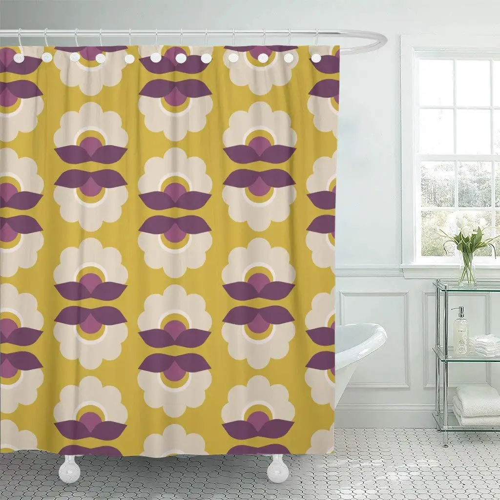 Fabric Shower Curtain with Hooks 70S Retro Pattern with Flowers Floral Seventies 60S 1960S