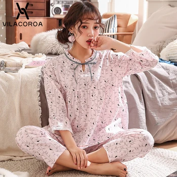 

Korean Cute Print Round Neck Bow Pajamas For Women Seven-Quarter Sleeve Top + Pant 2 Piece Set Pajama Set Plus Size Pyjama Femme