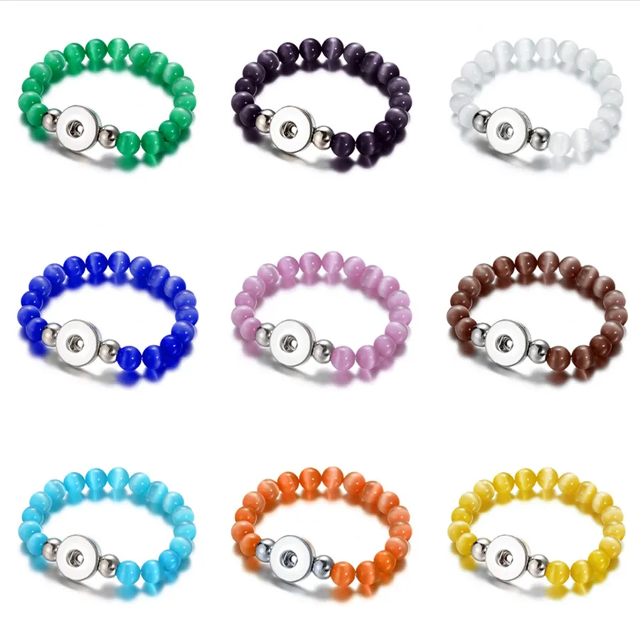 

Beauty colorful Cat's eye stone Beads snap Bracelets Elastic fit DIY 18mm snap buttons snap Jewelry wholesale AB0010
