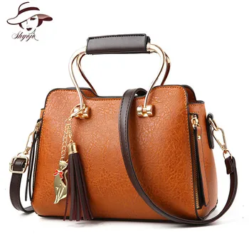 

High Quality Solid Color Cat Pendant Women Handbag Metal Handle Soft Leather Shoulder Bag Female Casual Ladies Crossbody Totes