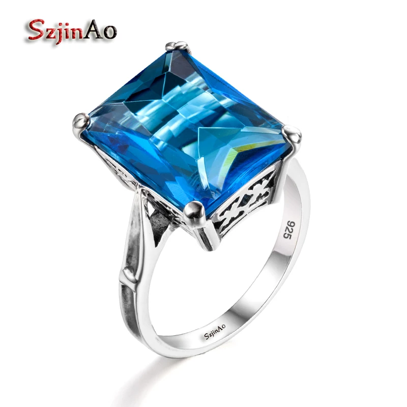 

Szjinao 2017 Fashion Ethnic Blue Topaz Rings for Women Floral Style Antique 925 Sterling Silver Female Girl Knuckle Ring