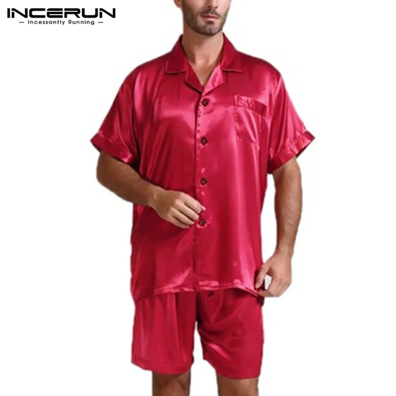 Летний модный, Шелковый, сатиновый Пижамный комплект для мужчин мягкая Домашняя одежда топы с короткими рукавами и шорты из двух частей пижамы Для мужчин пижамные костюмы S-5XL - Цвет: Red