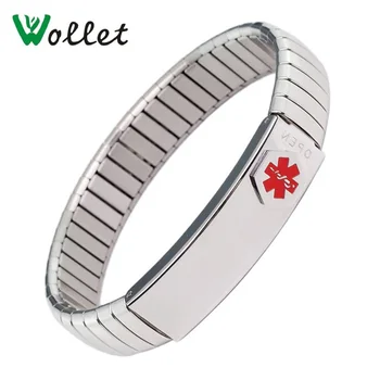 

Wollet Jewelry Medical Alert ID Bracelet Bangle for Men Women Silver Gold Elastic Stainless Steel Personalised