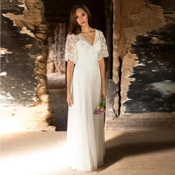 

2019 Plus Size Wedding Dress High Waist A-Line Chiffon Appliques Lace Short Sleeves White Ivory Bride Dress Wedding Gown 2019