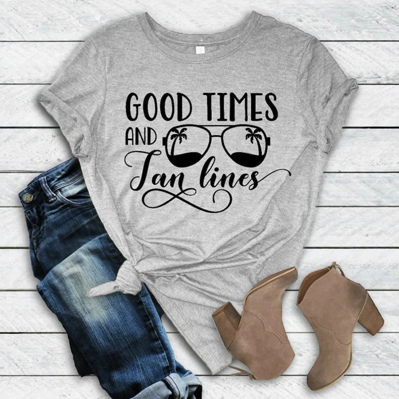 

Good Times And Tan Lines T-shirt Women Casual Vacay Beach Top Tee Summer Vacation Tumblr Sunglasses Graphic Funny Tshirt Outdoor