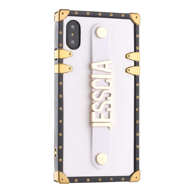 For iPhone 11 Pro 6S XS Max XR 7 7Plus 8 8Plus X Custom Leather Trunk Case Holding Strap Gold Metal Personalized Name Phone Case - Цвет: White Leather