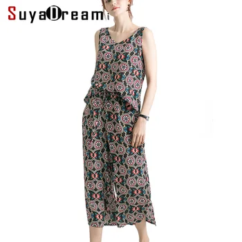 

Women Silk Tanks 100%Real Silk Crepe V neck Top and Pants 2019 Summer Print Bottoming T shirt