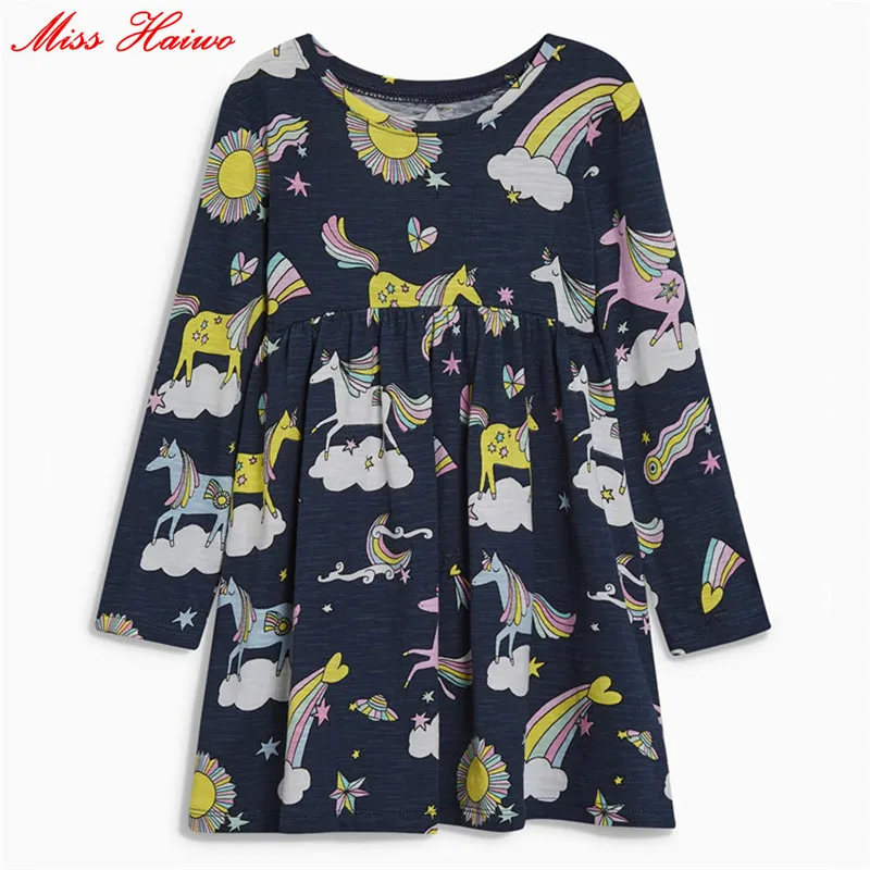 

Miss Haiwo Fall Kids Dresses For Girls Pure Cotton Baby Girl Clothes Black rainbow unicorn Girls Long Dress Children's Clothing