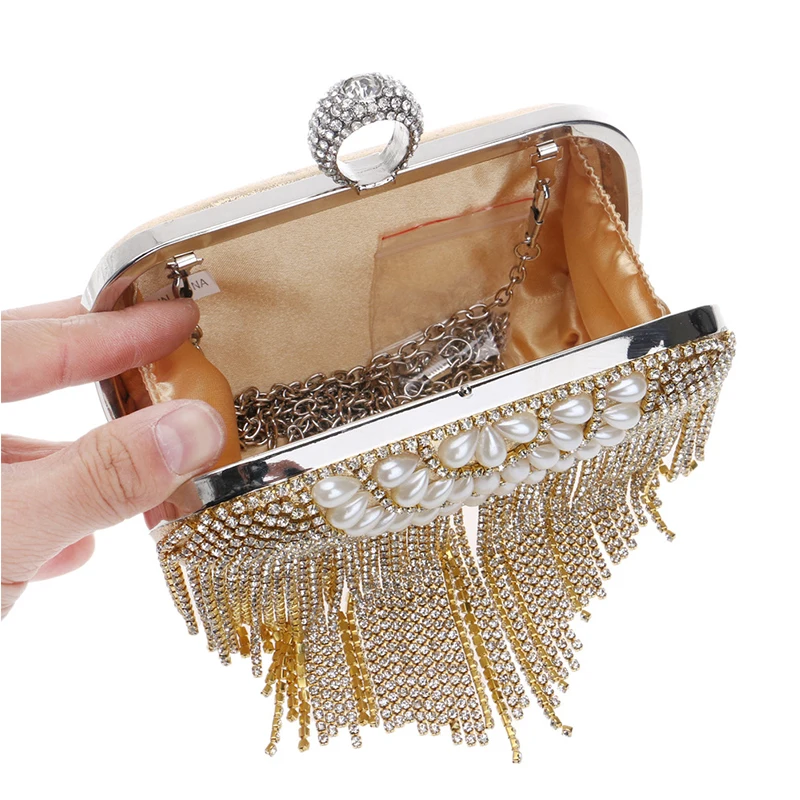 Luxy Moon Tassel Gold Rhinestone Clutch Bag Inside View