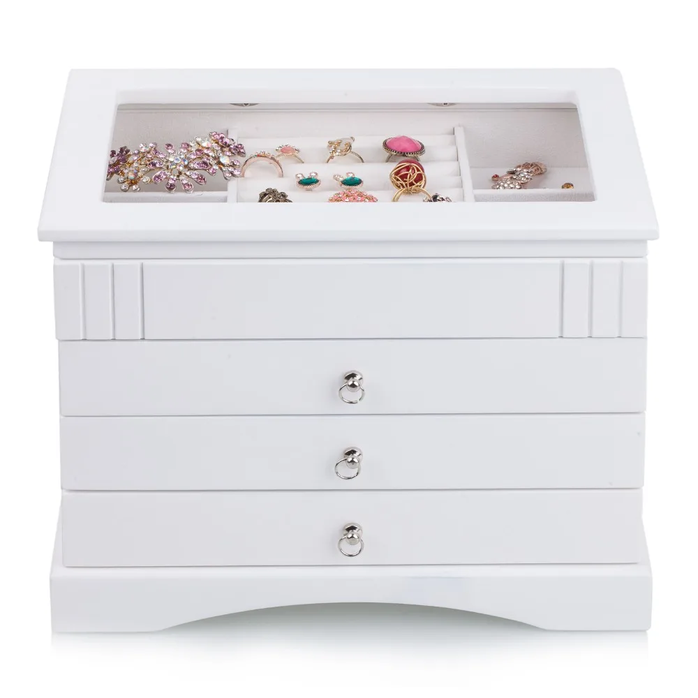 Large Wooden Jewelry Boxes For Girls Rings Glass Top Organizer