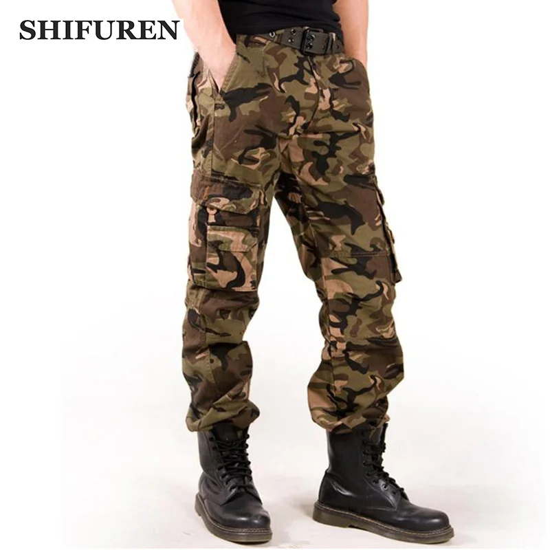 

SHIFUREN Camouflage Military Cargo Pants Men Overall Workwear Multi Pocket Cotton Baggy Straight Trousers No Belt Size 28-38