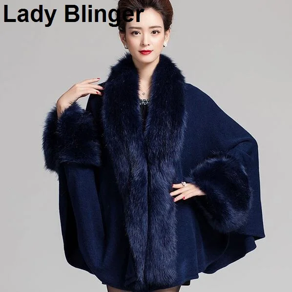 

New arrival Lady Blinger faux fox fur collar cuffs decor super long women wraps fur ponchos fur shawl stole faux chamere cape
