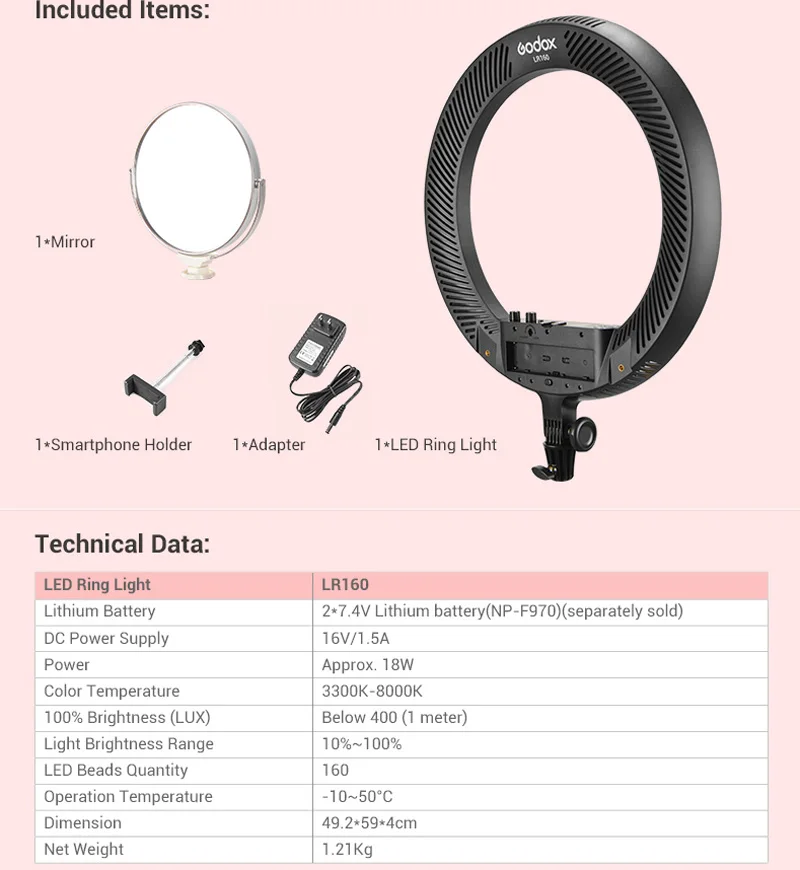 Godox LR160 светодиодная кольцевая лампа с зеркалом для макияжа двухцветная 3300-8000 K 18 W видео селфи макияж заполняющее освещение живая съемка