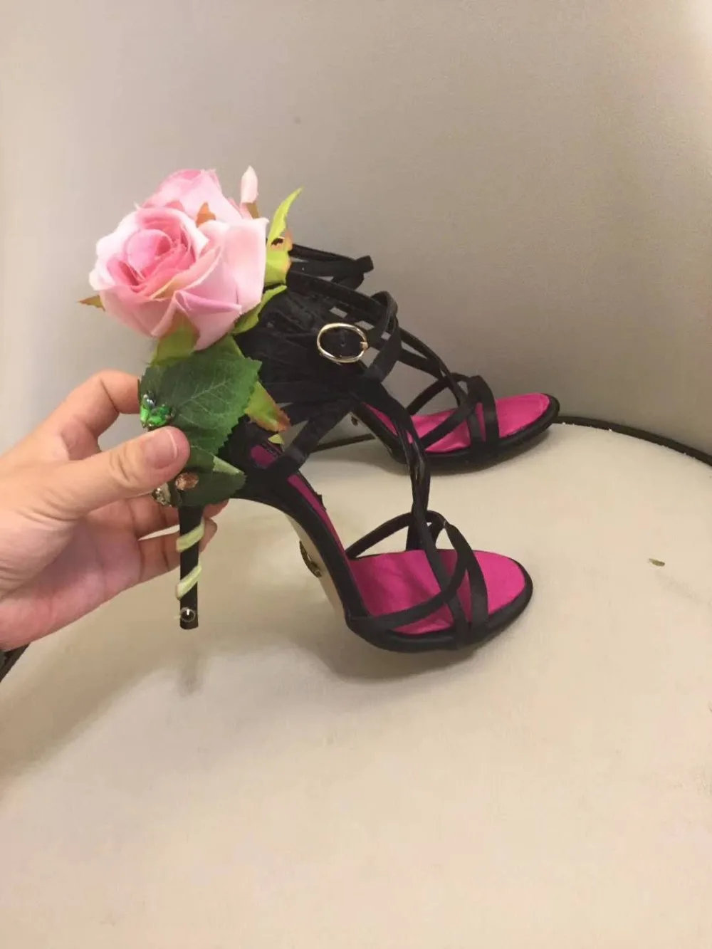 Sweet Red Rose Flower Sexy Dress Wedding Shoes Women Cross Lacing Ankle Strap Peep Toe High Heels Sandals Floral Shoes Woman 42 Women's Shoes