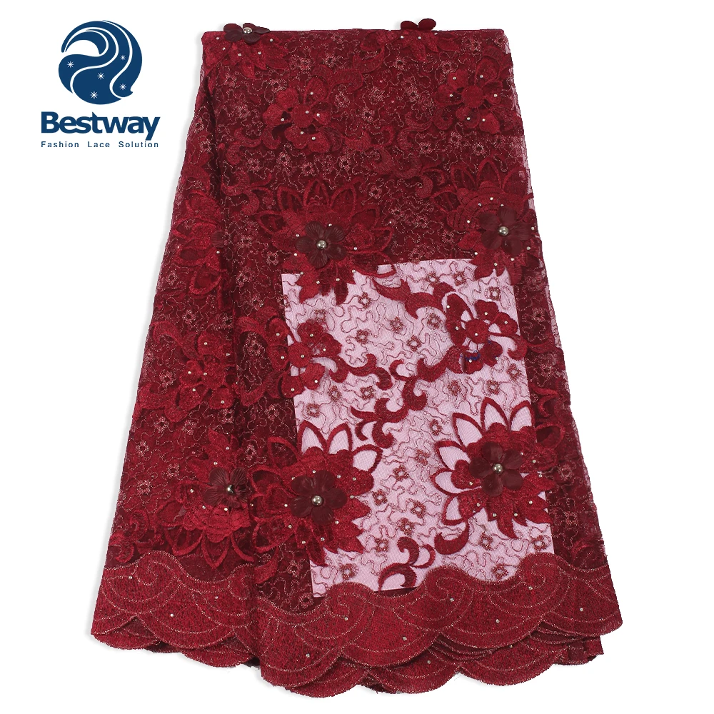 

Bestway Shining Net Applique 3D Flower Tulle French Lace Fabric Embroidery 2019 African Wine Red Color For Wedding Party Dress