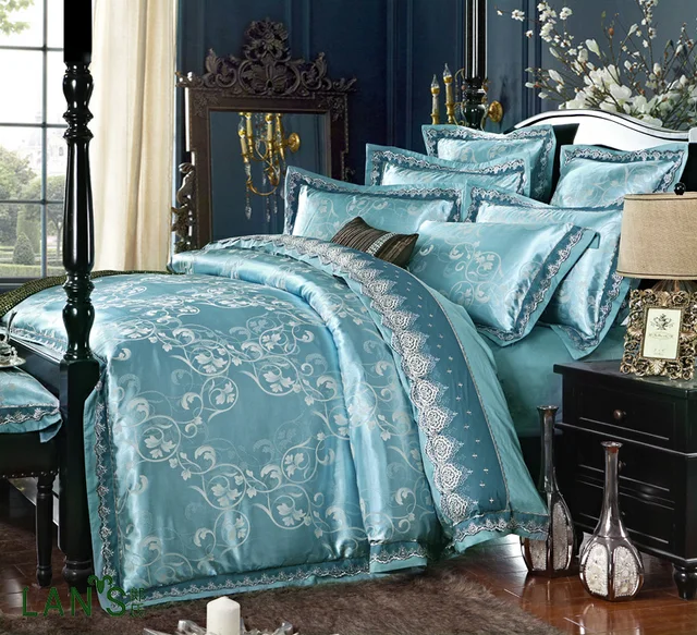2016 Luxury Sparkle Blue Jacquard Satin 4pcs Bedding Sets Chic Lace 2016 Luxury Sparkle Blue Jacquard Satin 4pcs Bedding Sets Chic Lace Duvet Cover Bed Sheet Pillowcases