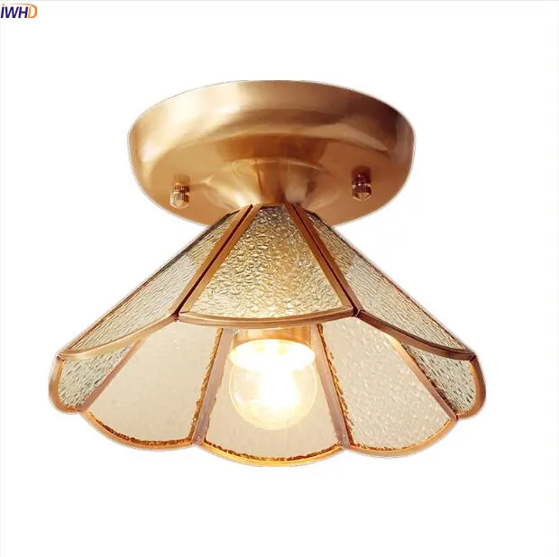 

IWHD Glass Copper LED Ceiling Light Hallway Balcony Porch American Country Vintage Ceiling Lamps For Home Lampara Techo