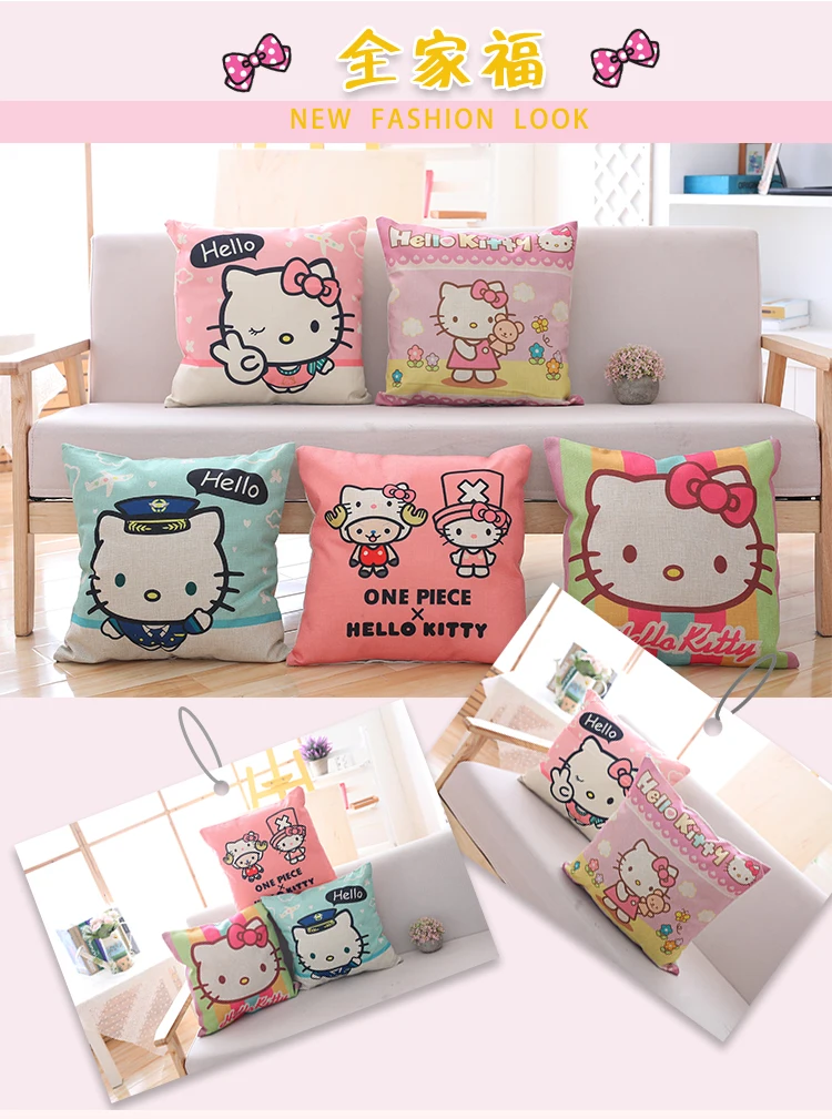 Kawaii HelloKitty Подушка, льняной чехол, мягкий плюшевый текстиль, квадратный рисунок, милый кот Санрио, подушка, подарки для девочек
