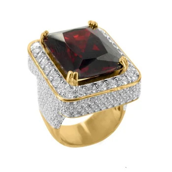 

2017 NEW men's jewelry yellow gold red BLUE big stones ring hip hop style fashion Rings with micro CZ