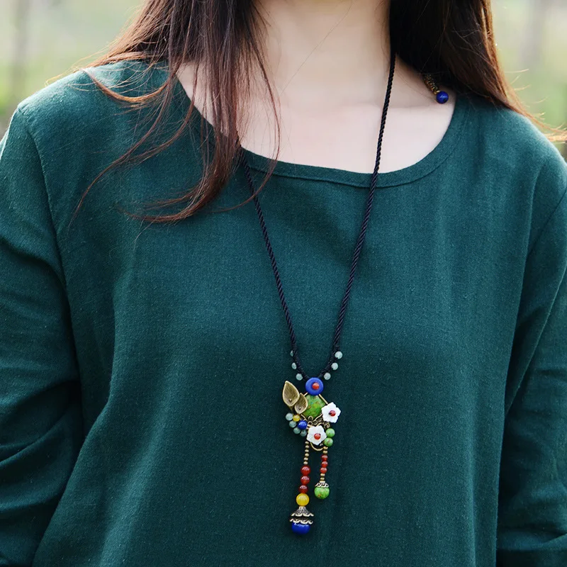 Милый чокер ожерелье для женщин зеленый корпус Подвески в виде цветов веревка цепь аксессуары национальное ожерелье Модные украшения