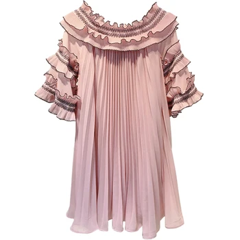 

New sweet women cute ruffle patchwork pink dress 2019 fashion ladies vintage chiffon bomb dresses party girls elegant dress chic