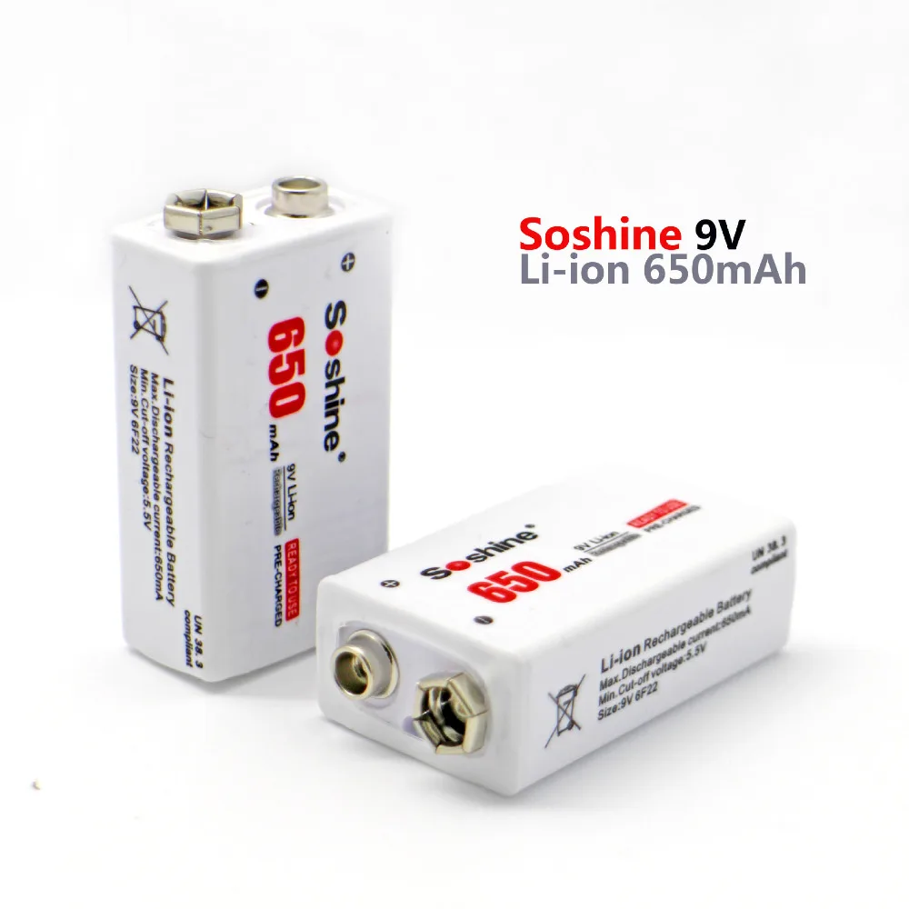 

Soshine 2pcs Power Battery 6F22 9V Li-ion Lithium 650mAh Chemistry Rechargeable Battery For Electronic Instruments