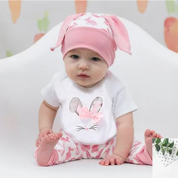 

Summer Baby Girl Clothes Cartoon Bunny Print Short Sleeve Bodysuit+Casual Long Pants+Kawaii Rabbit Ear Hat Set Bebek Giyim