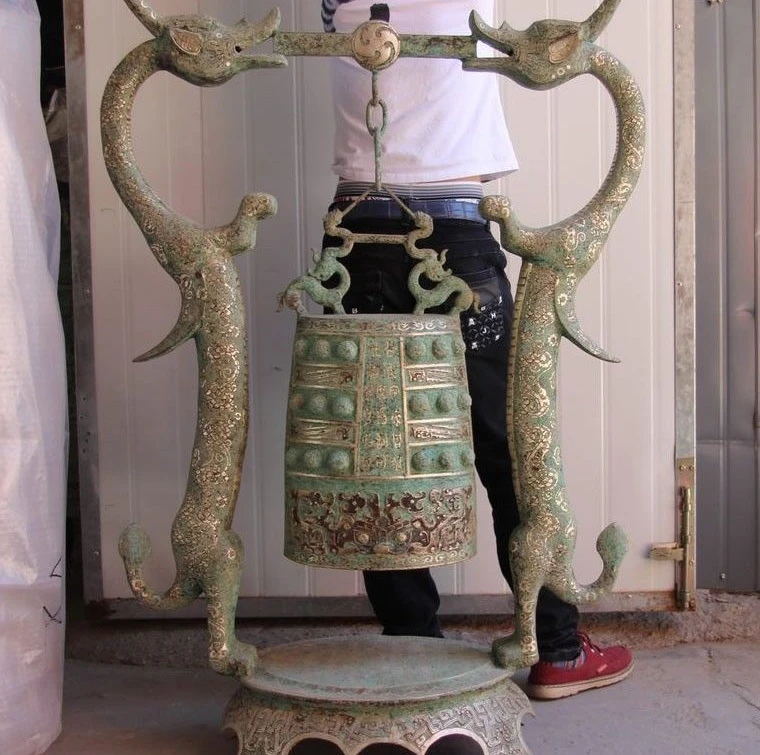 

50 China Dynasty Bronze Silver-Gilt Beast Dragon Musical Instruments Bell Statue