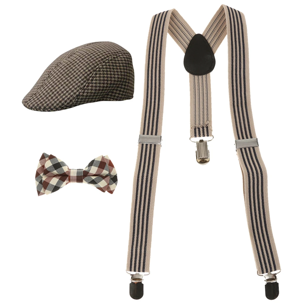 Kid Boy Party wedding Beige Brown Stripe Brace Suspender bowtie beret Cap set Kid Boy Party wedding Beige Brown Stripe Brace Suspender bowtie beret Cap set