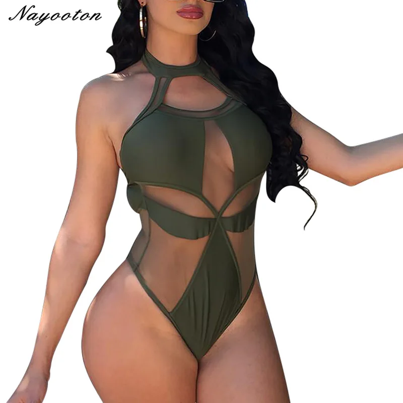 

push up Sexy Monokini 2018 One Piece Swimsuit swimwear solid color grid spliced swimming suit Bodysuit women Bathing Suit