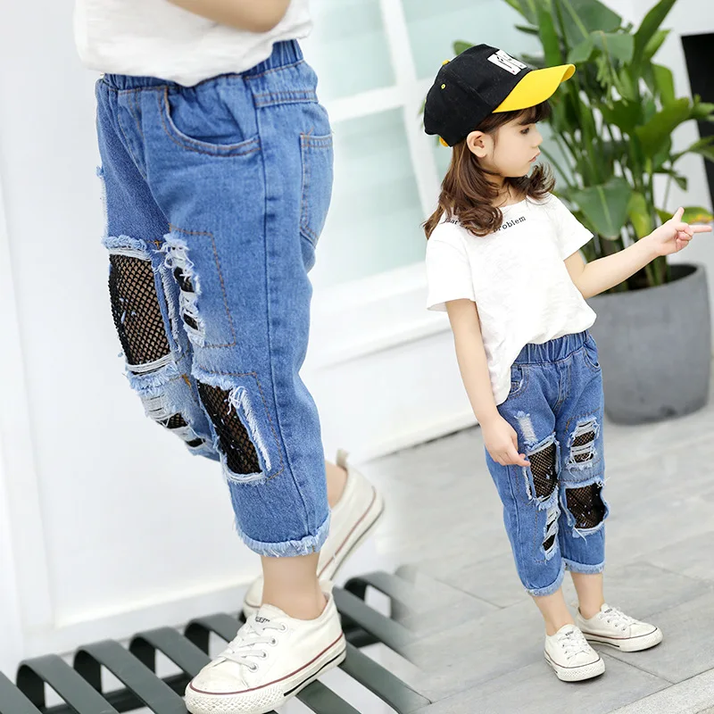 

Fashion Baby Girls Broken Hole Jeans Summer Style 2019 New Denim Trousers For Kids Children Cotton Nets Cropped Pants
