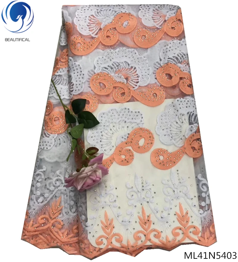

BEAUTIFICAL african lace fabric 2019 rhinestones net lace fabrics nigerian lace fabric high quality wholesale retail ML41N54