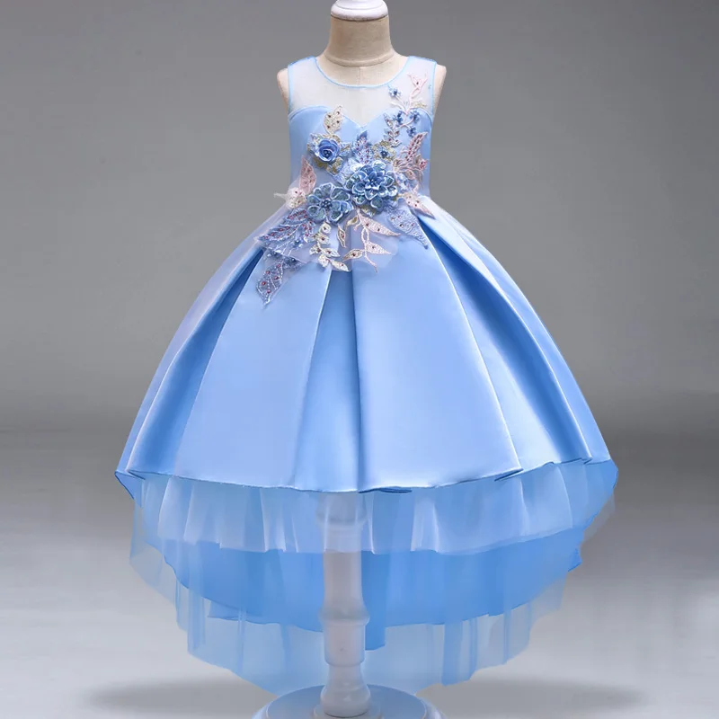 Платье с цветочным узором для девочек; Пышные свадебные вечерние платья с красным прицепом для девочек; кружевное вечернее платье принцессы для первого причастия - Цвет: blue