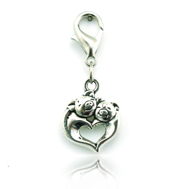 

JINGLANG Fashion Lobster Clasp Charms Dangle Retro Alloy Double Pig Heart Charms DIY For Jewelry Making Accessories