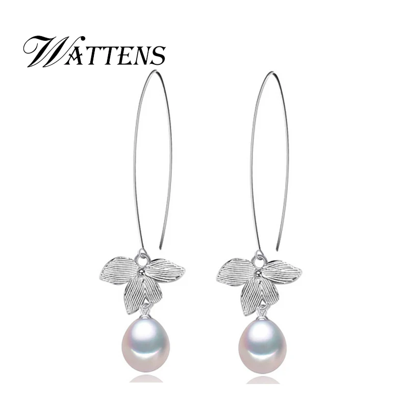 

WATTENS leaf pearl jewelry,natural pearl long earrings cultured freshwater pearls with 925 sterling silver earrings Women gift