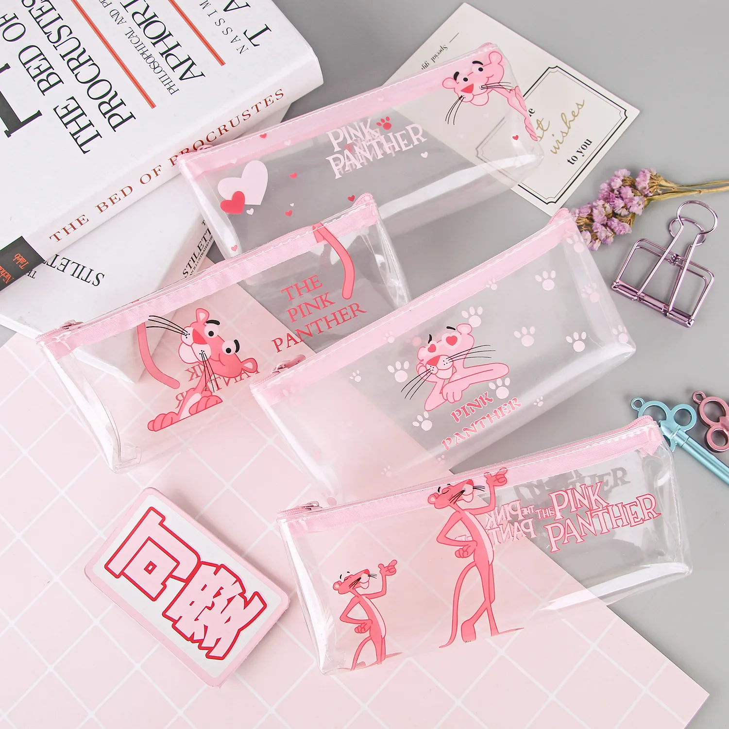 

Transparent Cartoon Pencil Case Kawaii Pink Panther Big Large Pencil Bag for Girls Kid Children Office School Supplie Stationery